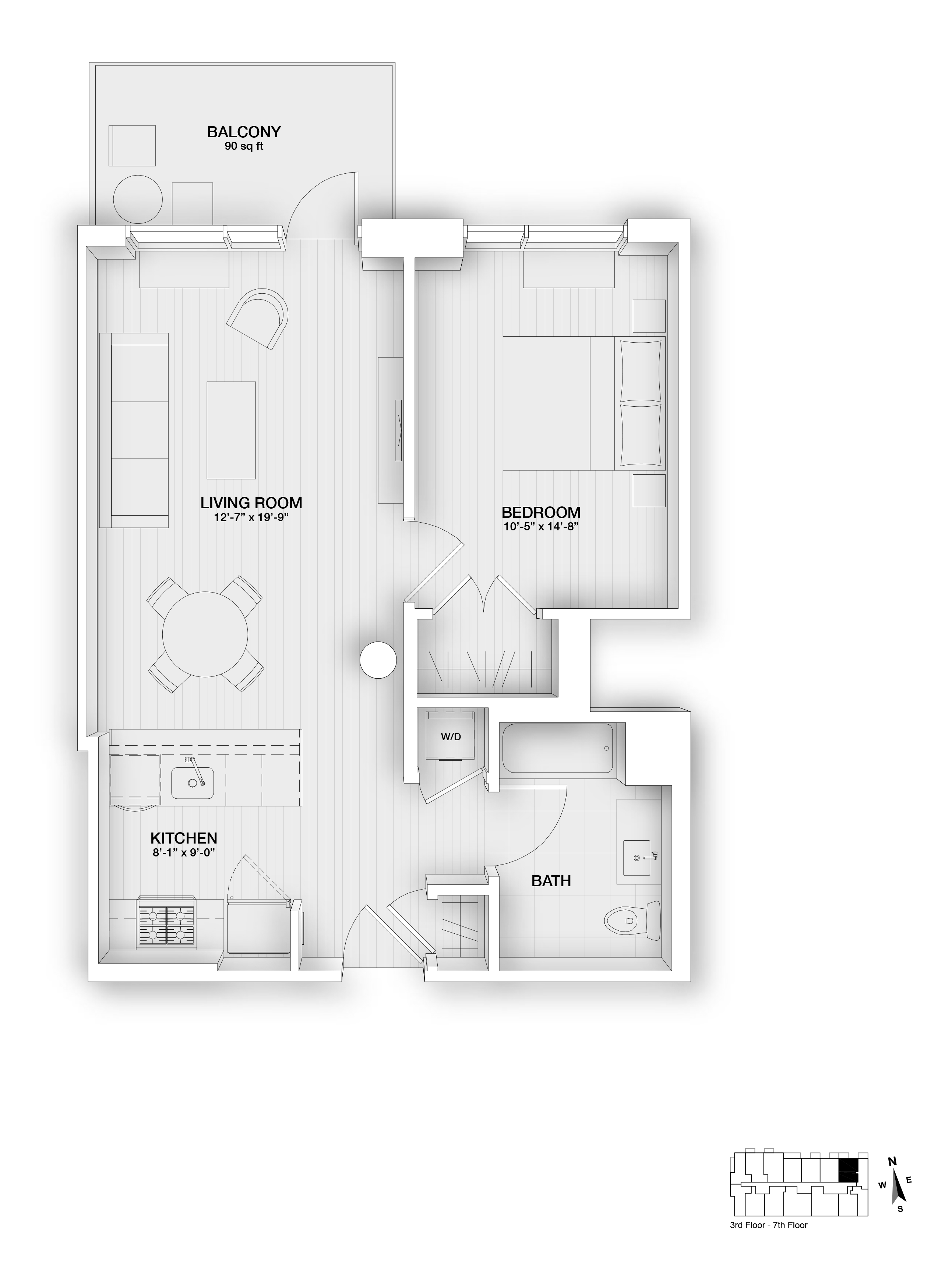 Floor plan for 1 bed, 1 bath, 721 sqft